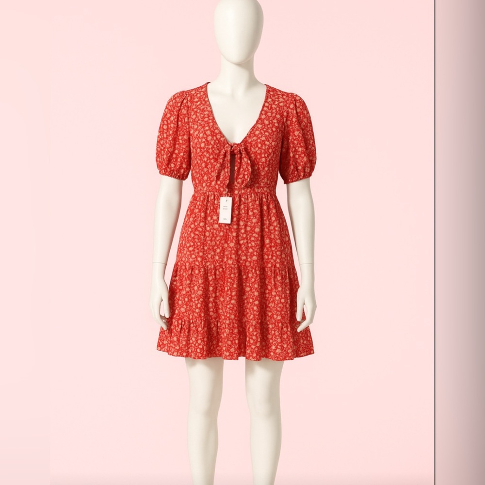 LC Lauren Conrad Red Floral Tie-Front Casual Dress